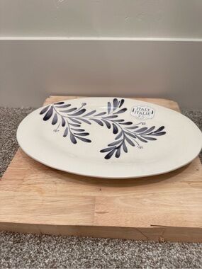 Italian Ceramic Serving Platter with Navy Leaf Motif by